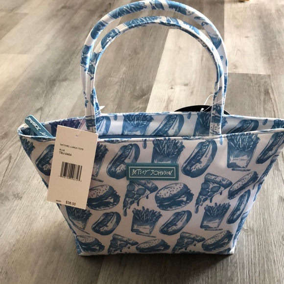 Betsey Johnson Insulated Satchel Lunch Tote White & Blue Fast Food Print NWT - Picture 12 of 16